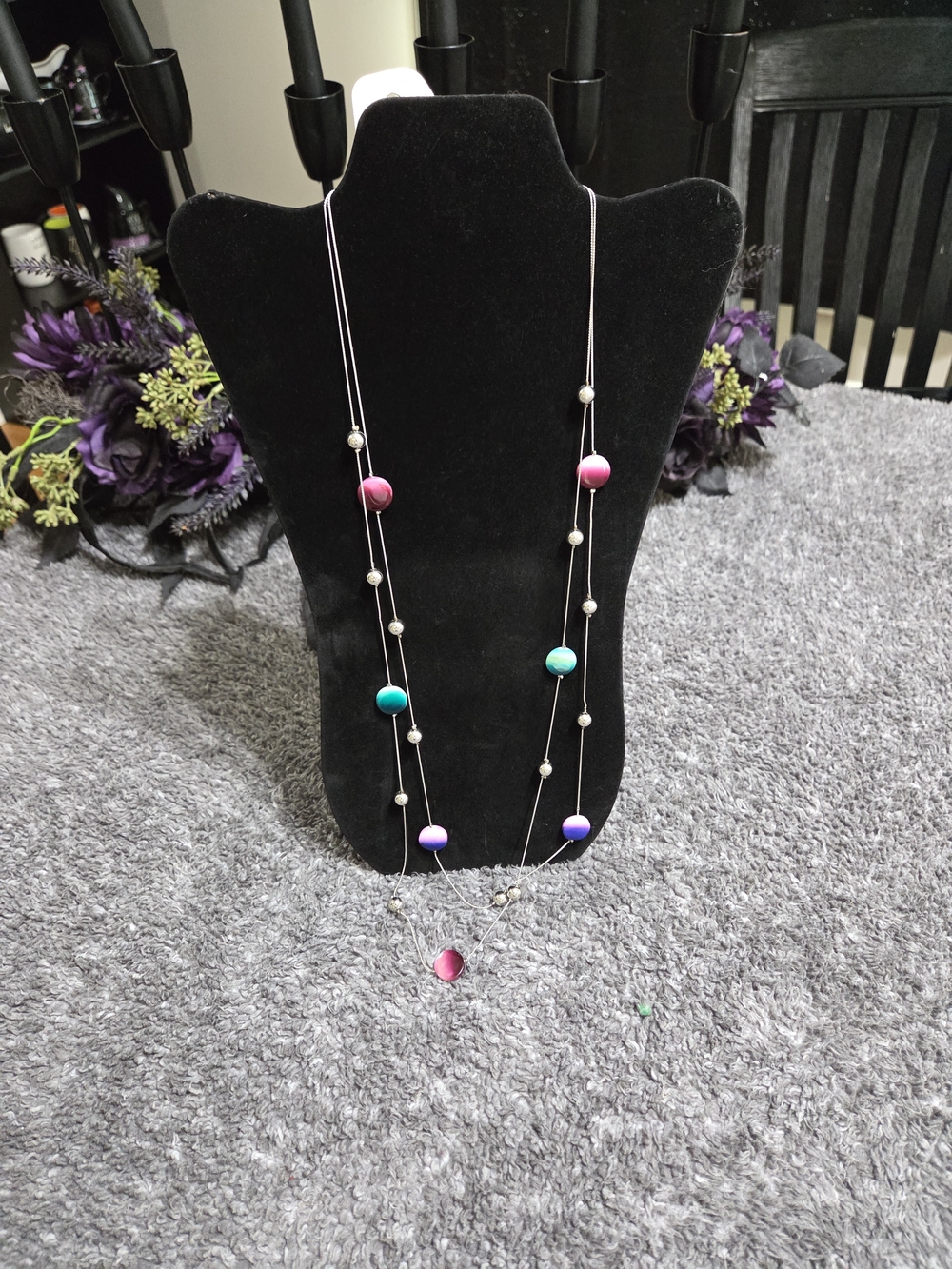 Kim Rogers Long Multi-Bead Necklace in Pink, Teal, Purple